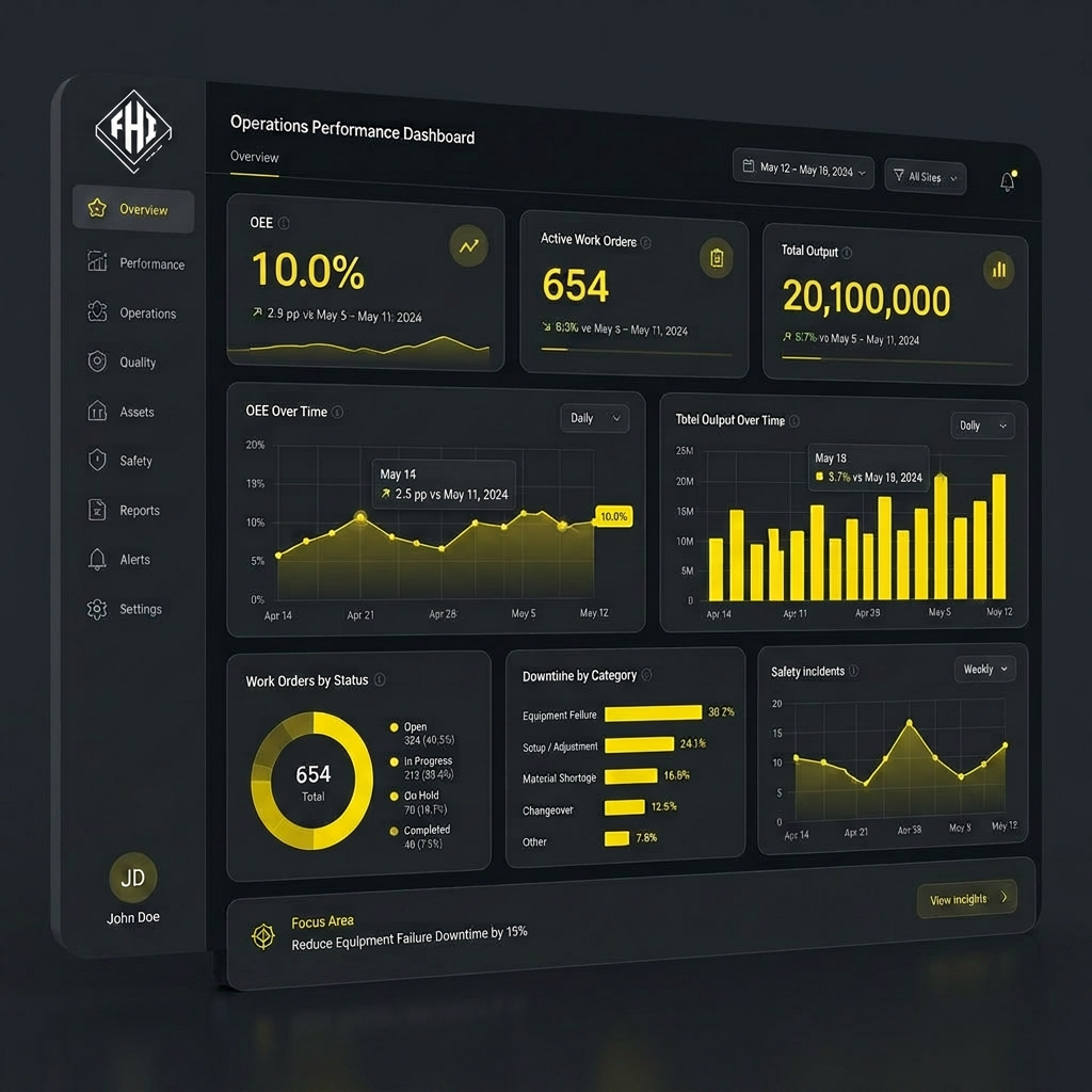 Operations performance dashboard with KPI cards and yellow accents